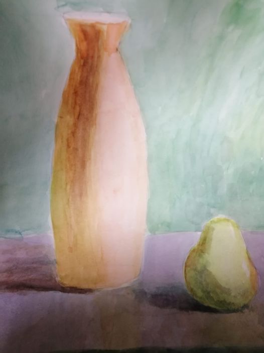 Yana Olinyk, martwa natura z gruszką, tempera